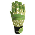 Ladies Heavy Duty Green Synthetic Leather Palm Reflective Article Buckle Flower Printed Home Garden Work Gloves